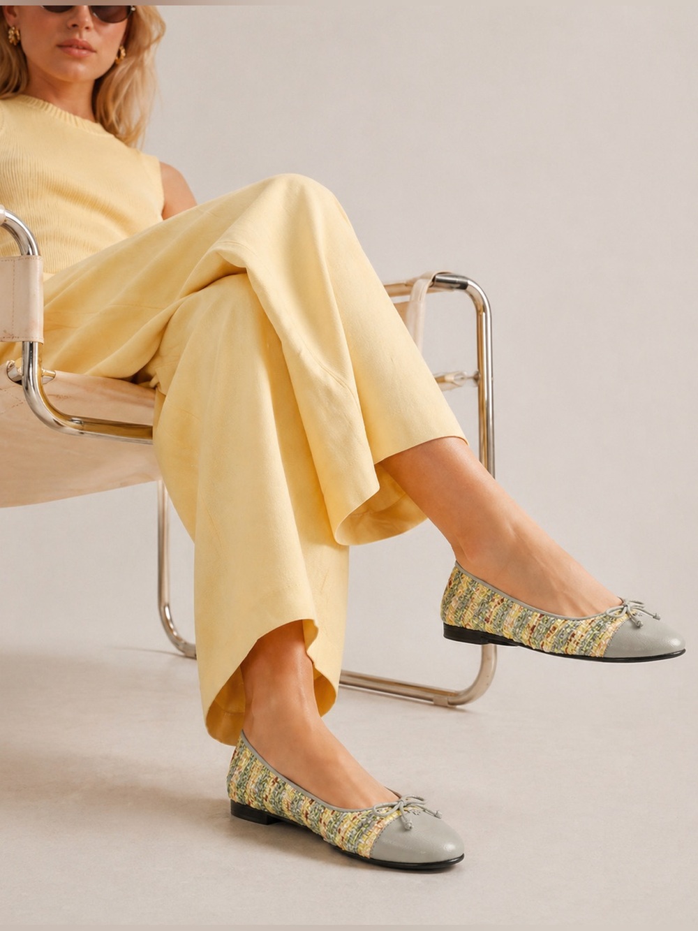 Tory Burch Tweed Ballet Flats Gray Yellow Leather Cap Toe Bow Size 9.5
